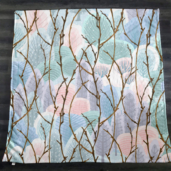 Pink Branch and Bird Botanical Pattern Fleece Sherpa Blanket
