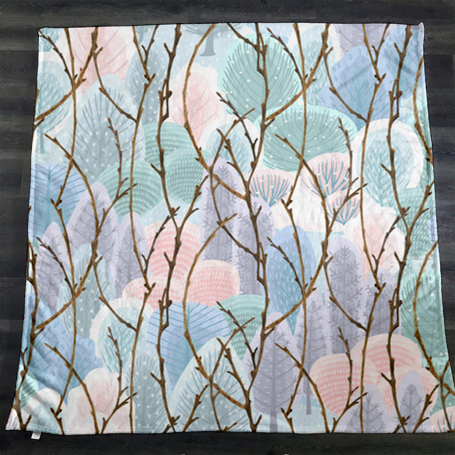 Pink Branch and Bird Botanical Pattern Fleece Sherpa Blanket