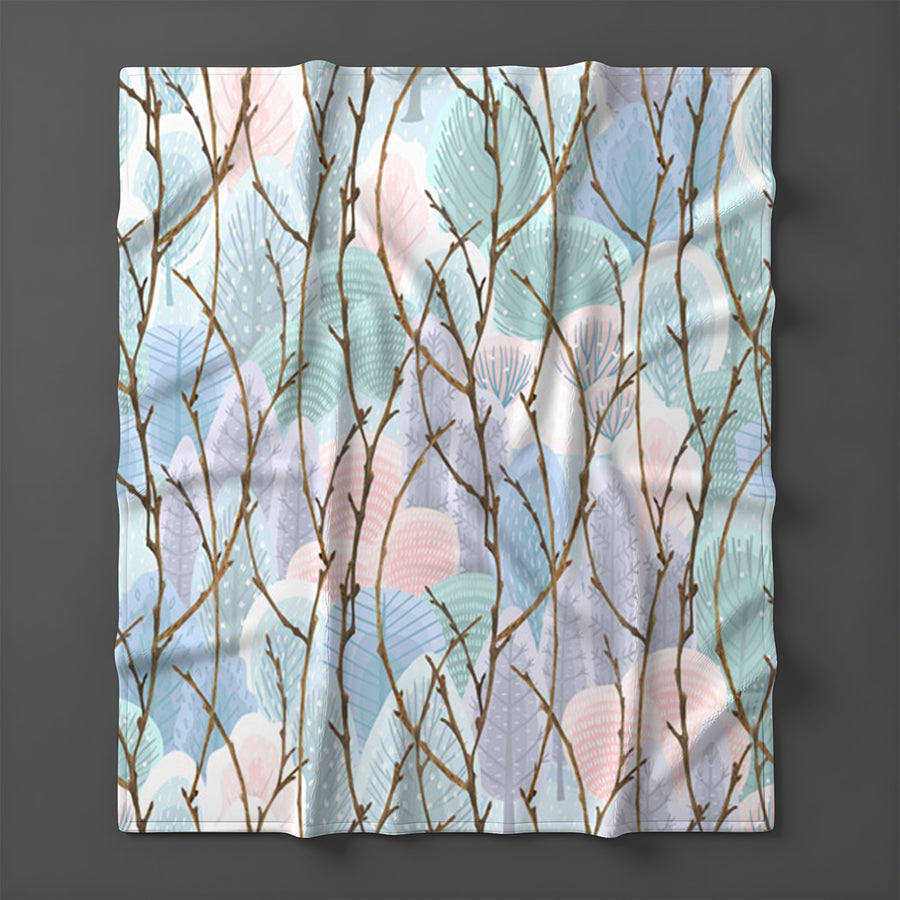 Pink Branch and Bird Botanical Pattern Fleece Sherpa Blanket