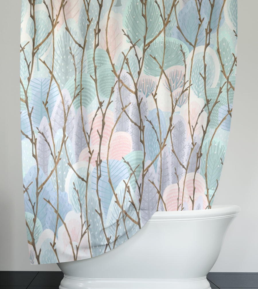 Pink Branch and Bird Botanical Pattern Shower Curtain
