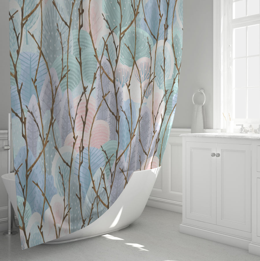 Pink Branch and Bird Botanical Pattern Shower Curtain