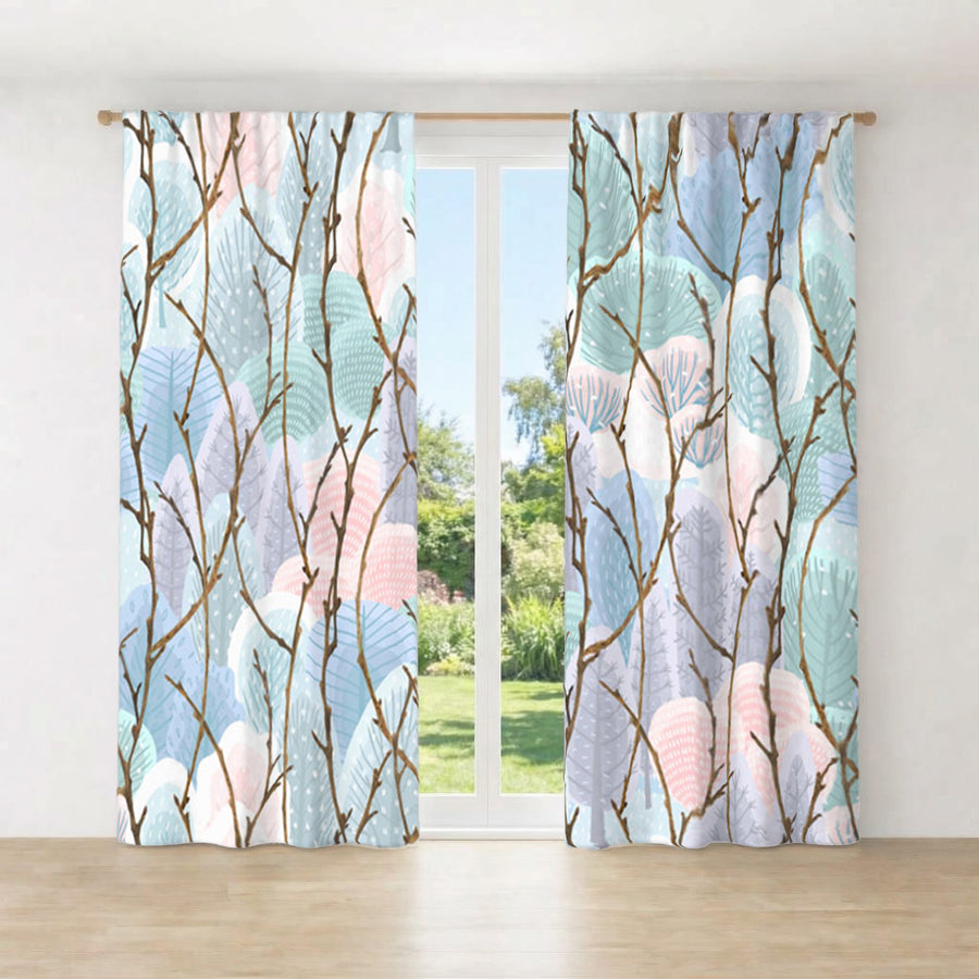Pink Branch and Bird Botanical Pattern Window Curtains