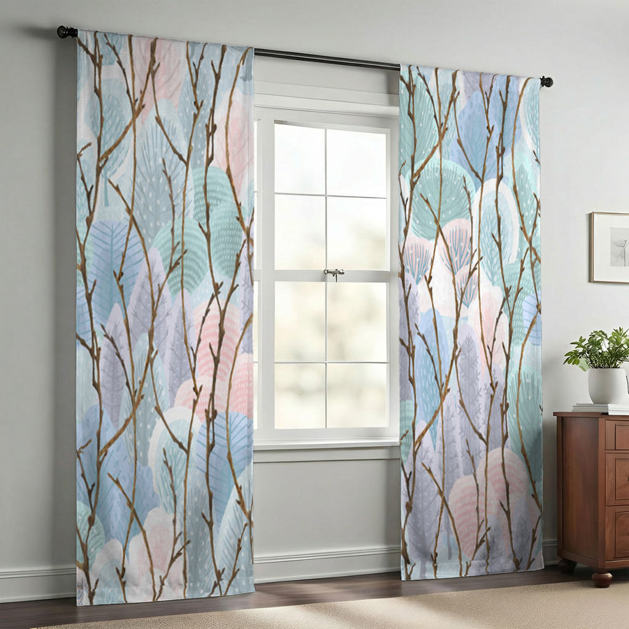 Pink Branch and Bird Botanical Pattern Window Curtains