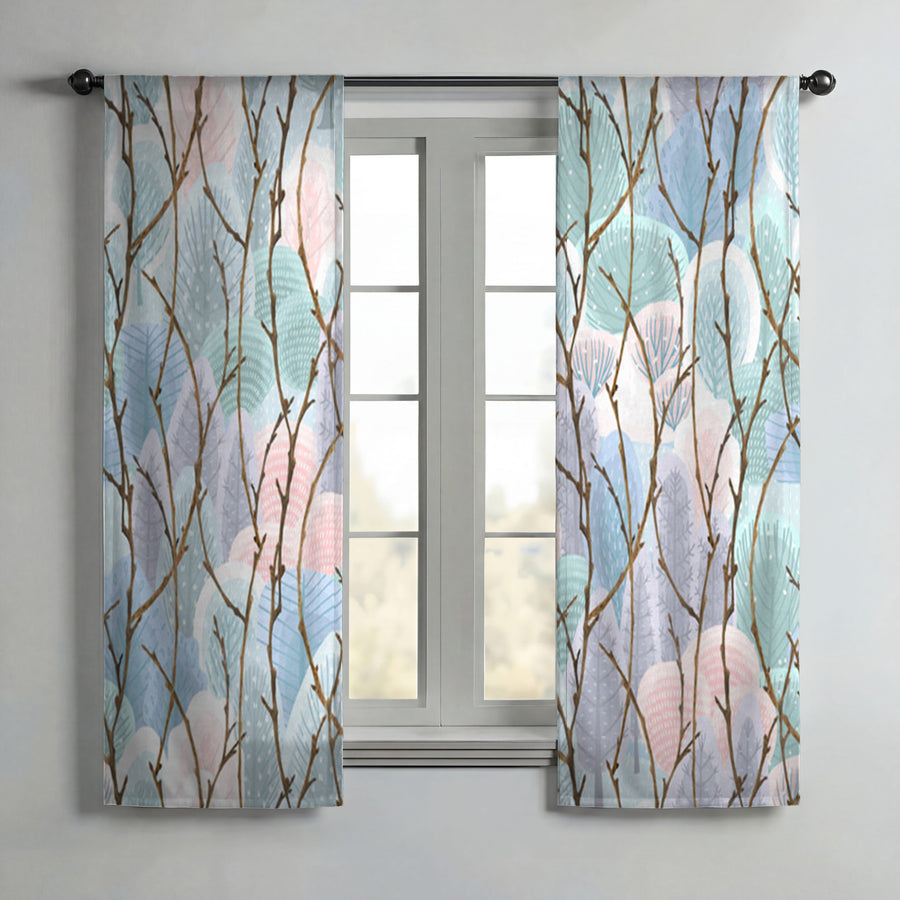 Pink Branch and Bird Botanical Pattern Window Curtains