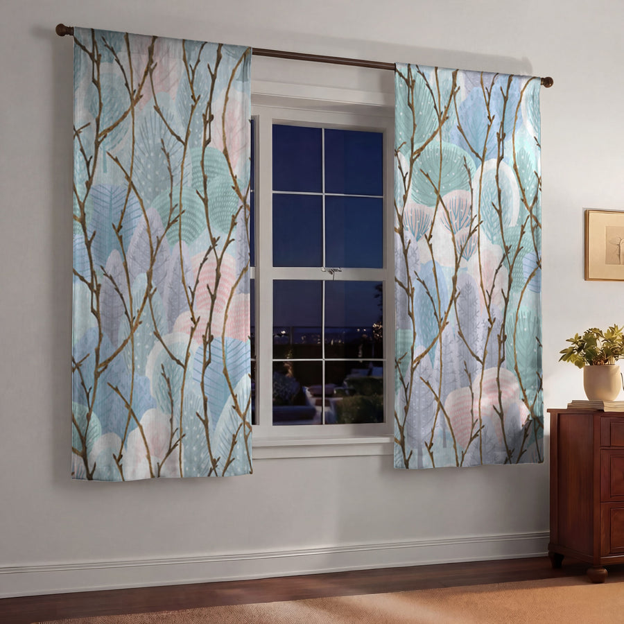 Pink Branch and Bird Botanical Pattern Window Curtains