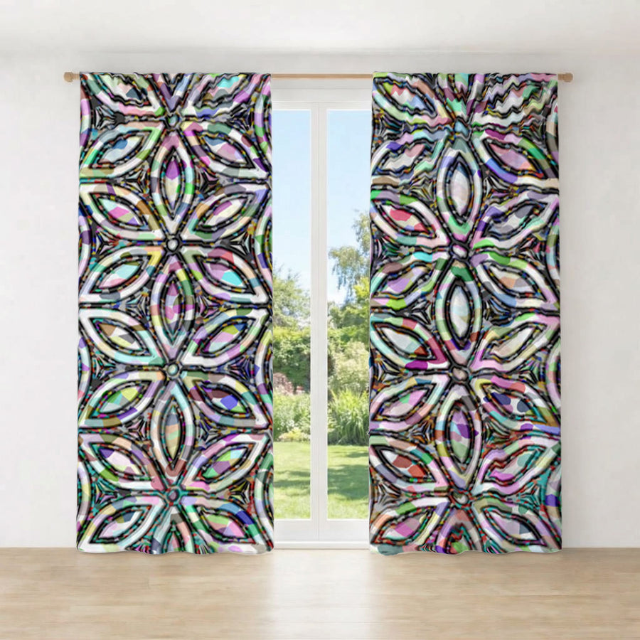 Purple and Teal Kaleidoscope Geometric Pattern Window Curtains