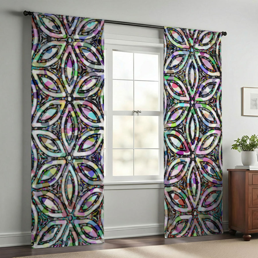 Purple and Teal Kaleidoscope Geometric Pattern Window Curtains