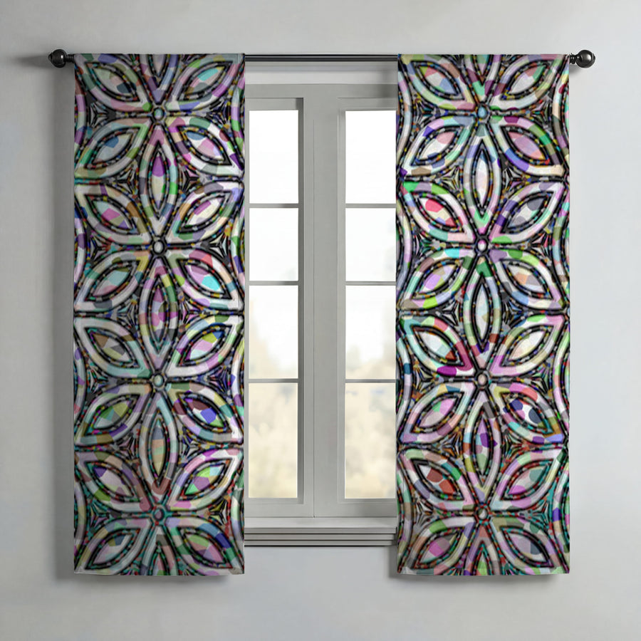 Purple and Teal Kaleidoscope Geometric Pattern Window Curtains