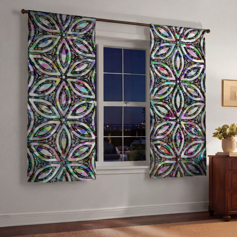 Purple and Teal Kaleidoscope Geometric Pattern Window Curtains