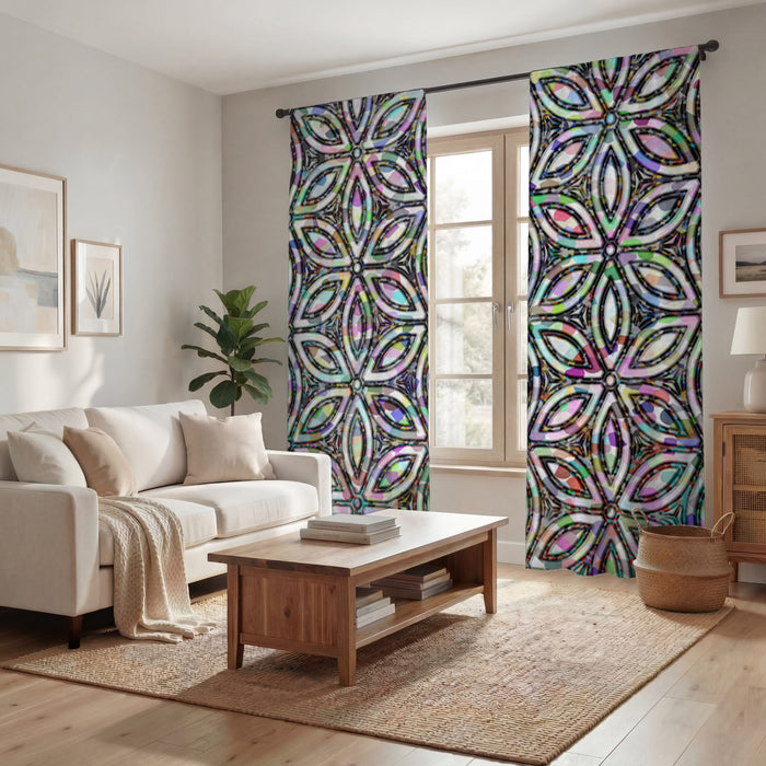Purple and Teal Kaleidoscope Geometric Pattern Window Curtains