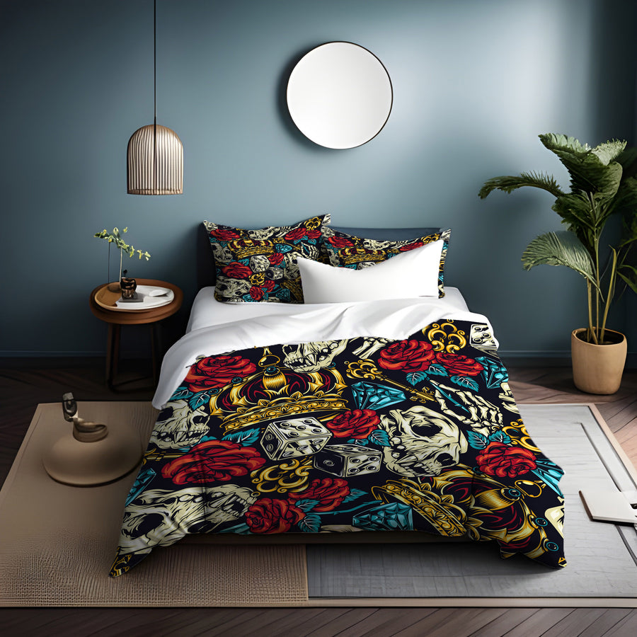 Red Rose and Crown Gothic Floral Pattern Duvet Cover