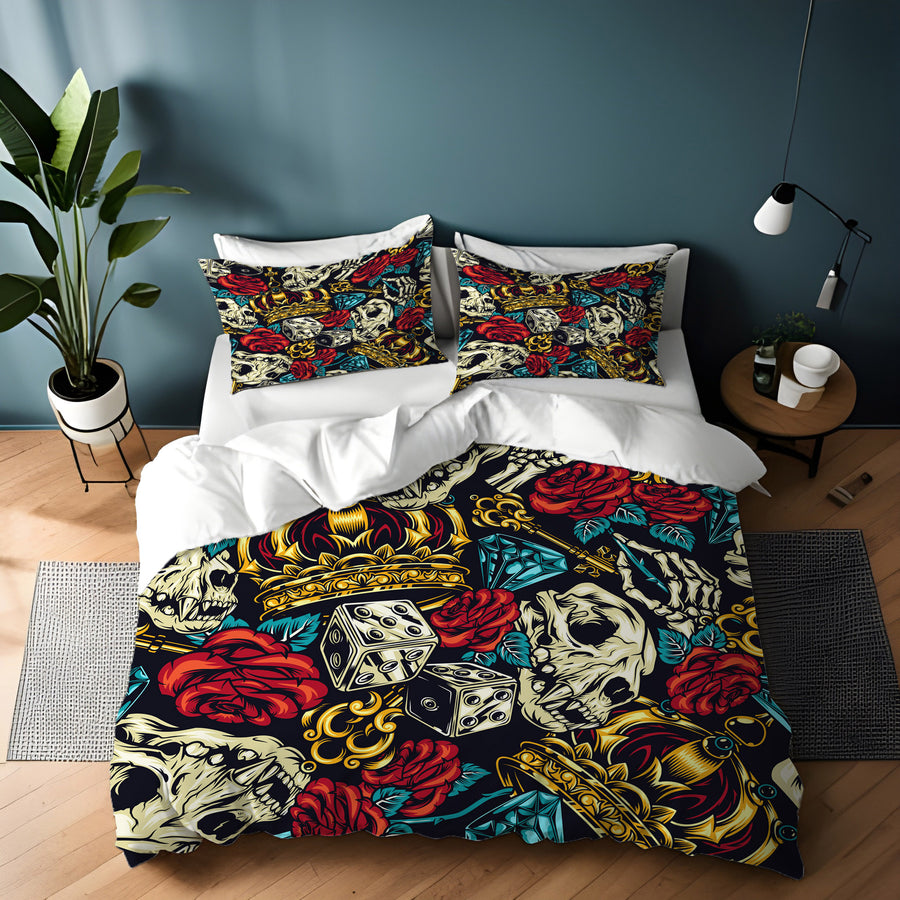 Red Rose and Crown Gothic Floral Pattern Duvet Cover