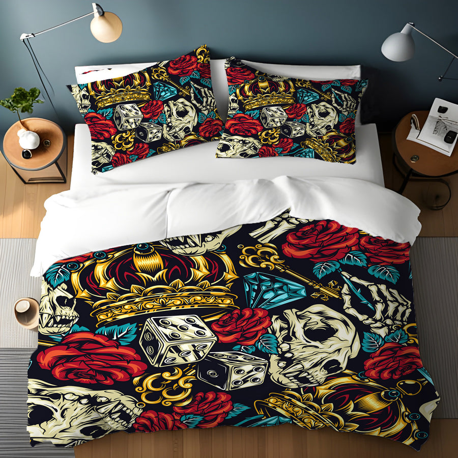 Red Rose and Crown Gothic Floral Pattern Duvet Cover