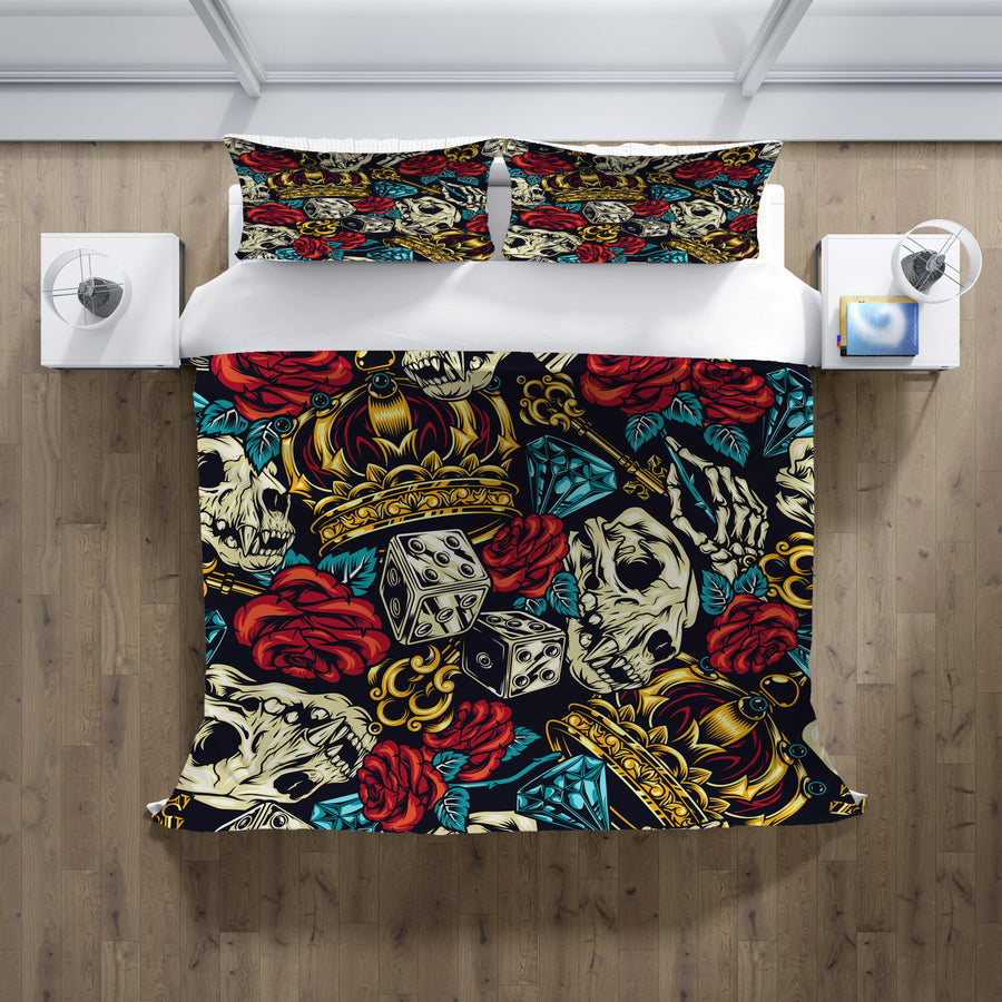 Red Rose and Crown Gothic Floral Pattern Duvet Cover