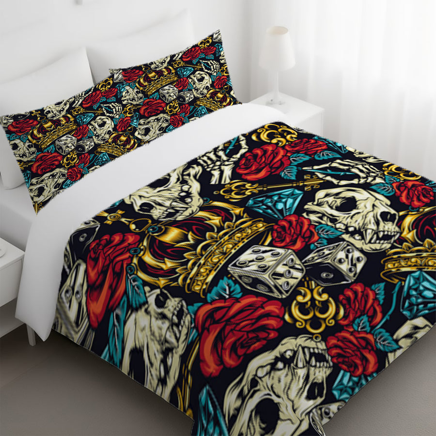 Red Rose and Crown Gothic Floral Pattern Duvet Cover