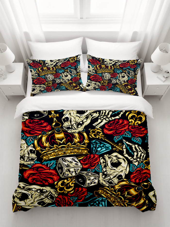 Red Rose and Crown Gothic Floral Pattern Duvet Cover