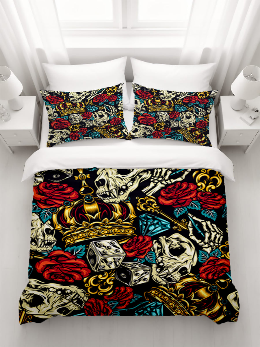 Red Rose and Crown Gothic Floral Pattern Duvet Cover