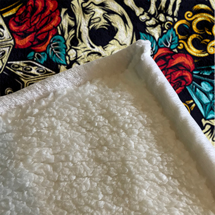 Red Rose and Crown Gothic Floral Pattern Fleece Sherpa Blanket