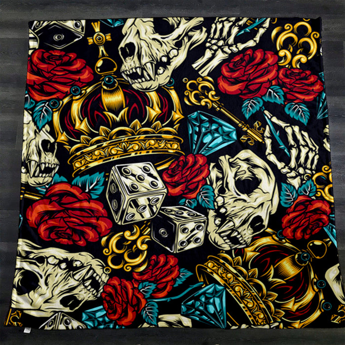 Red Rose and Crown Gothic Floral Pattern Fleece Sherpa Blanket