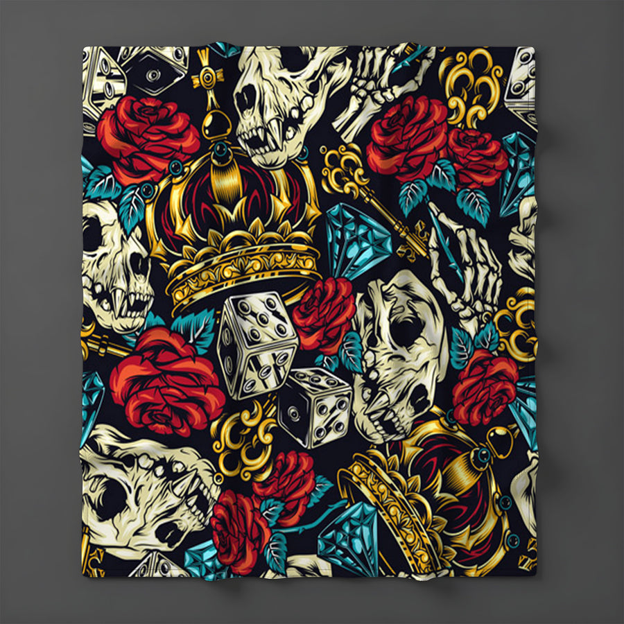 Red Rose and Crown Gothic Floral Pattern Fleece Sherpa Blanket
