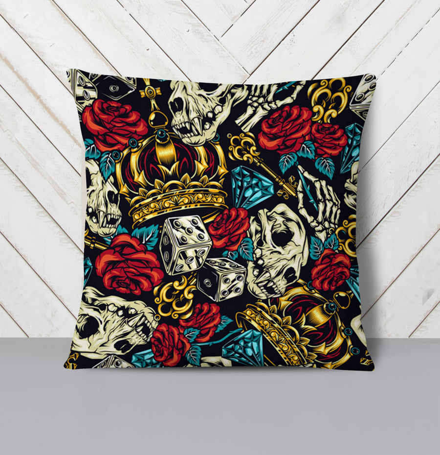 Red Rose and Crown Gothic Floral Pattern Throw Pillow Cover