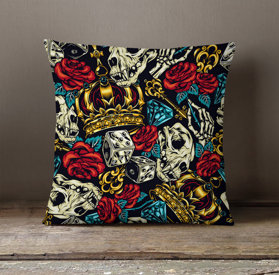 Red Rose and Crown Gothic Floral Pattern Throw Pillow Cover