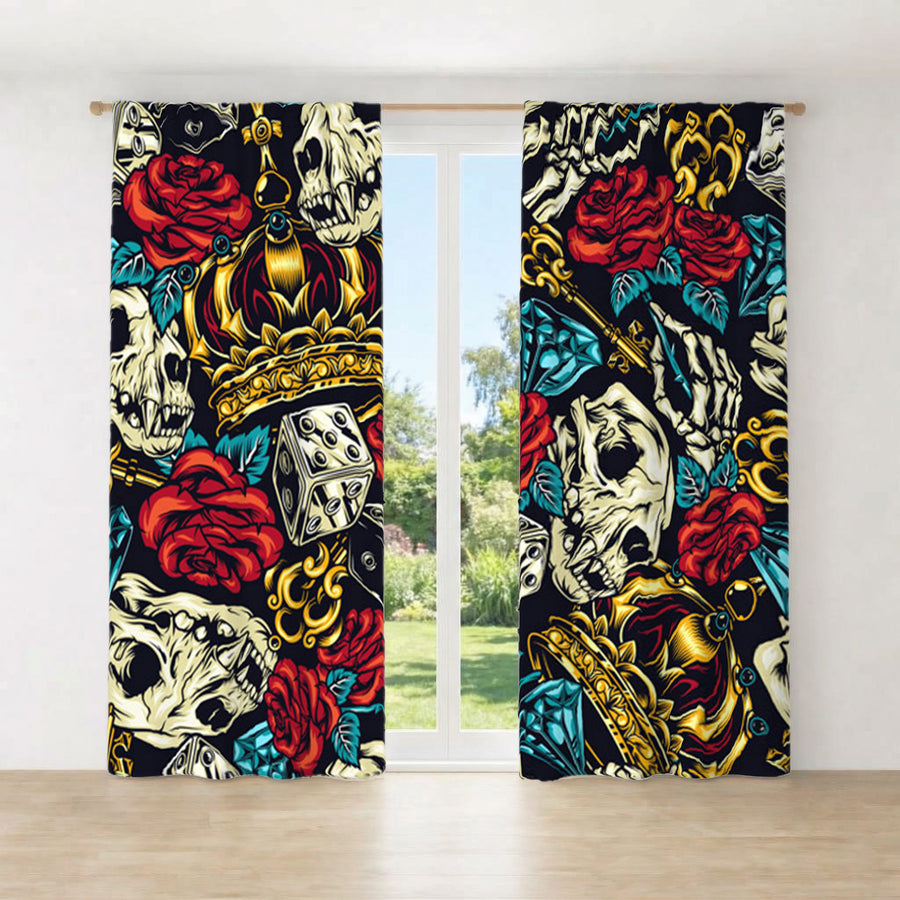 Red Rose and Crown Gothic Floral Pattern Window Curtains