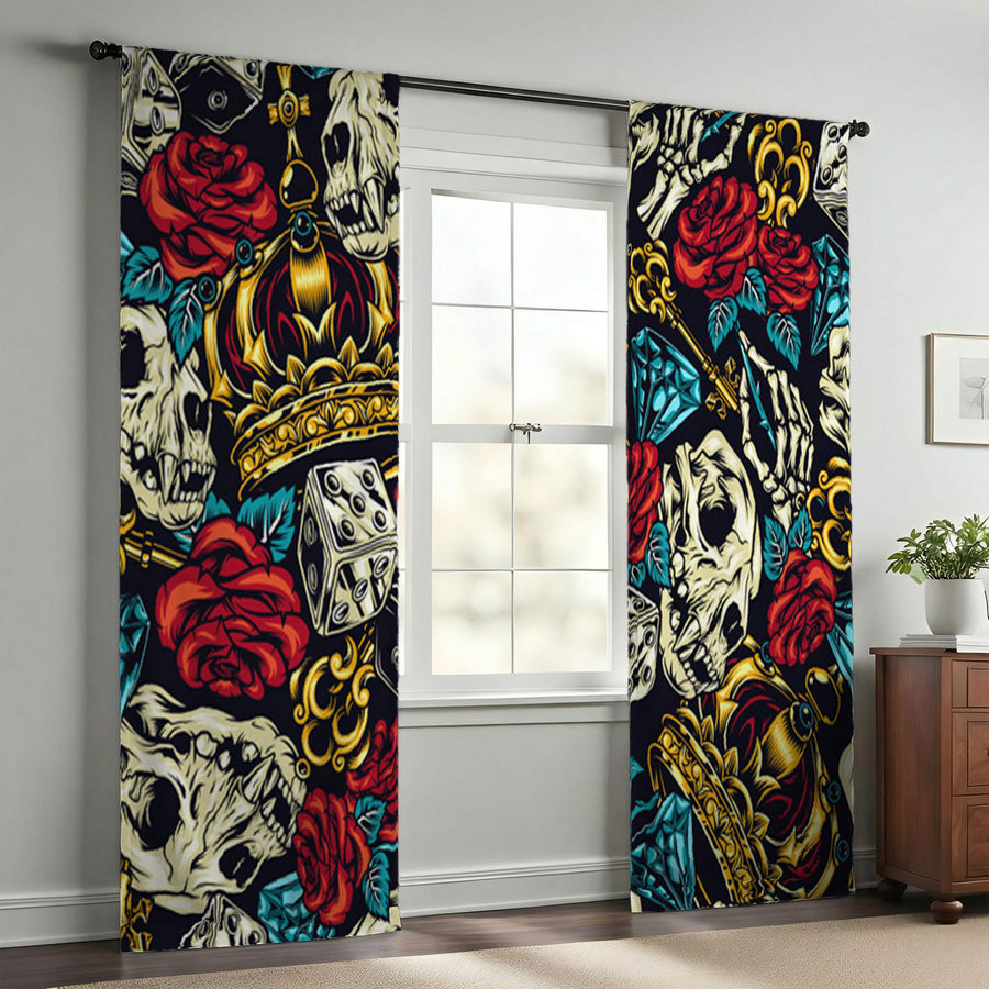Red Rose and Crown Gothic Floral Pattern Window Curtains