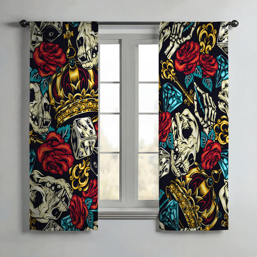 Red Rose and Crown Gothic Floral Pattern Window Curtains
