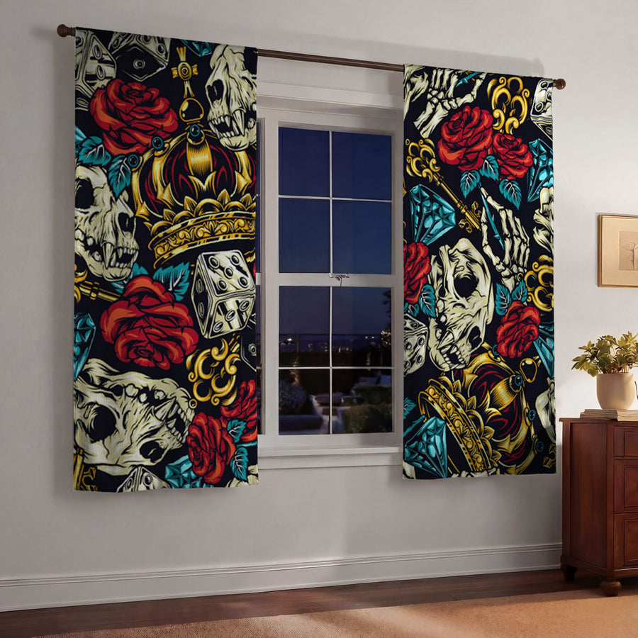 Red Rose and Crown Gothic Floral Pattern Window Curtains