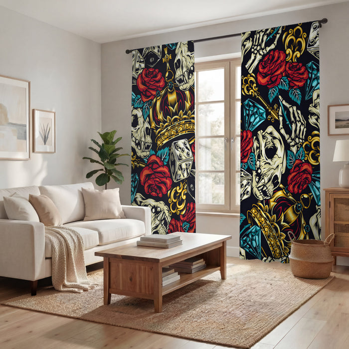 Red Rose and Crown Gothic Floral Pattern Window Curtains