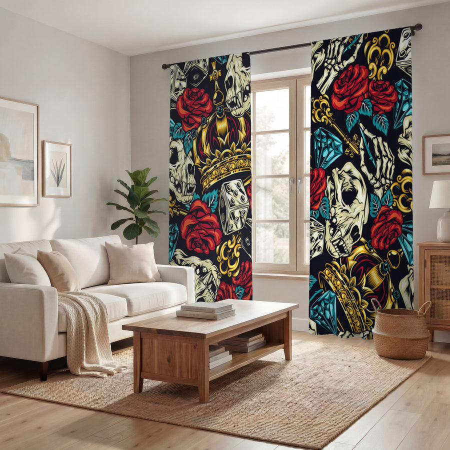 Red Rose and Crown Gothic Floral Pattern Window Curtains