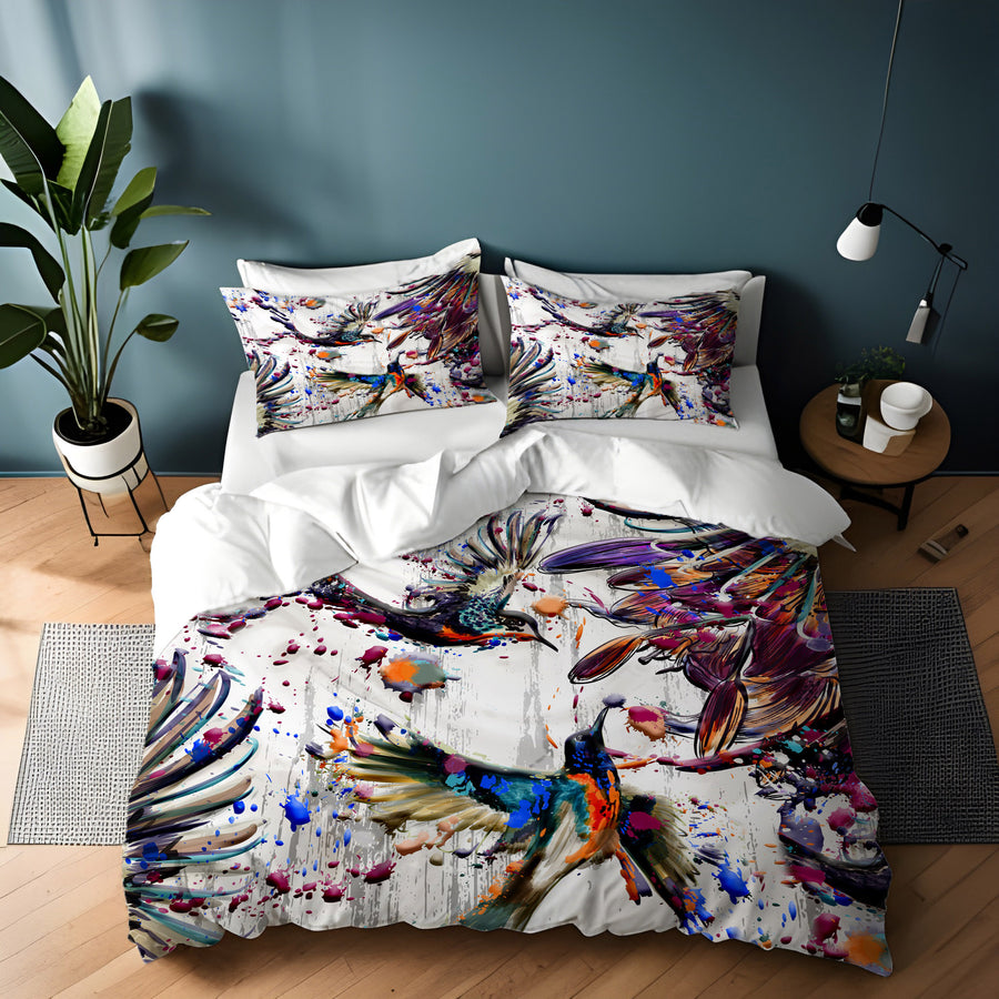 Multicolor Abstract Birds Paint Splash Pattern Duvet Cover