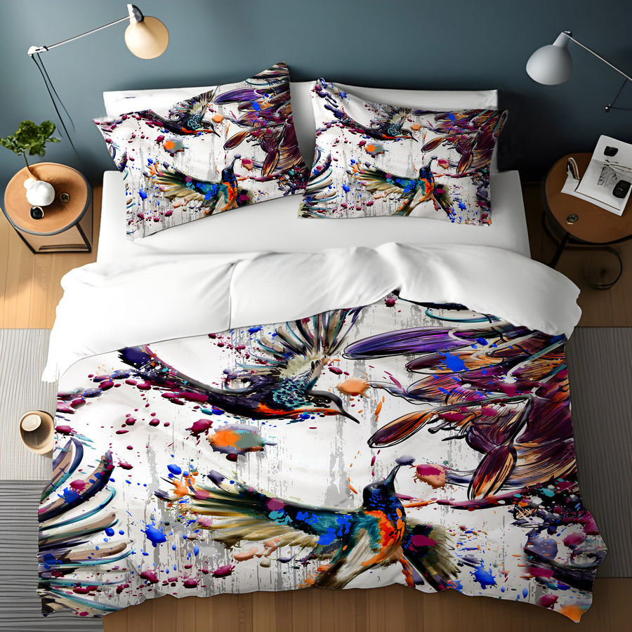 Multicolor Abstract Birds Paint Splash Pattern Duvet Cover