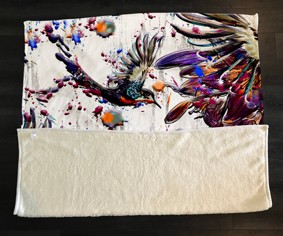 Multicolor Abstract Birds Paint Splash Pattern Fleece Sherpa Blanket