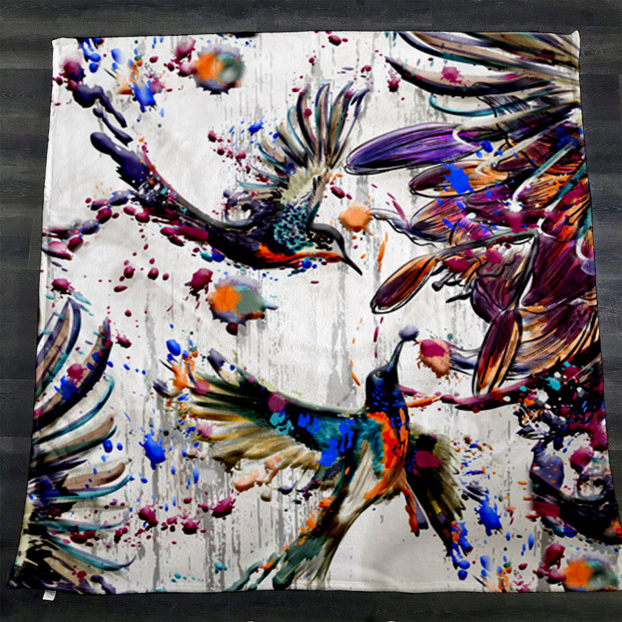 Multicolor Abstract Birds Paint Splash Pattern Fleece Sherpa Blanket