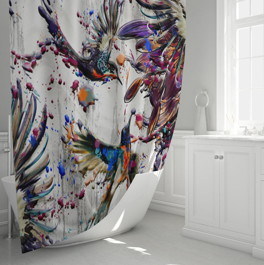 Multicolor Abstract Birds Paint Splash Pattern Shower Curtain