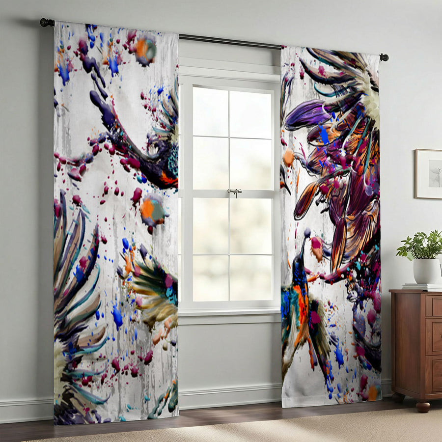 Multicolor Abstract Birds Paint Splash Pattern Window Curtains