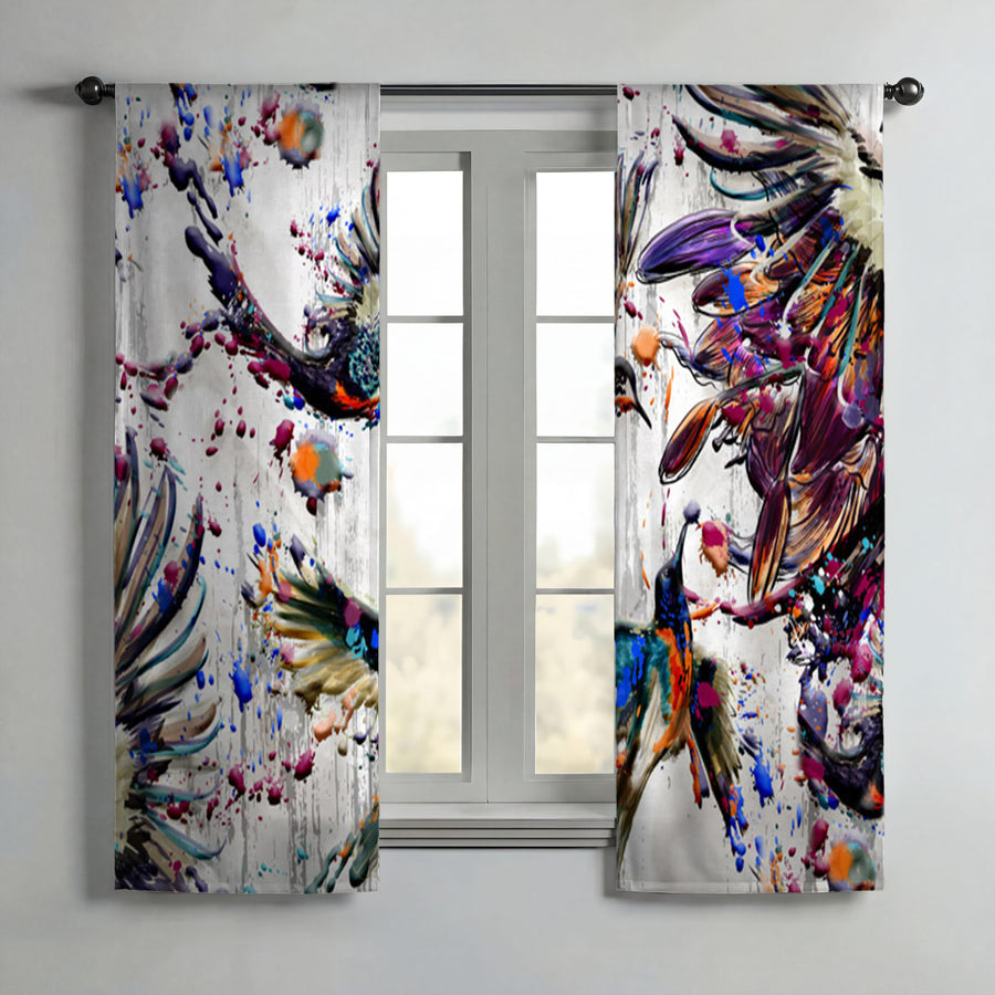 Multicolor Abstract Birds Paint Splash Pattern Window Curtains