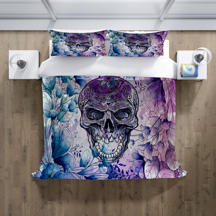 Purple Skull Floral Gothic Pattern Duvet Cover