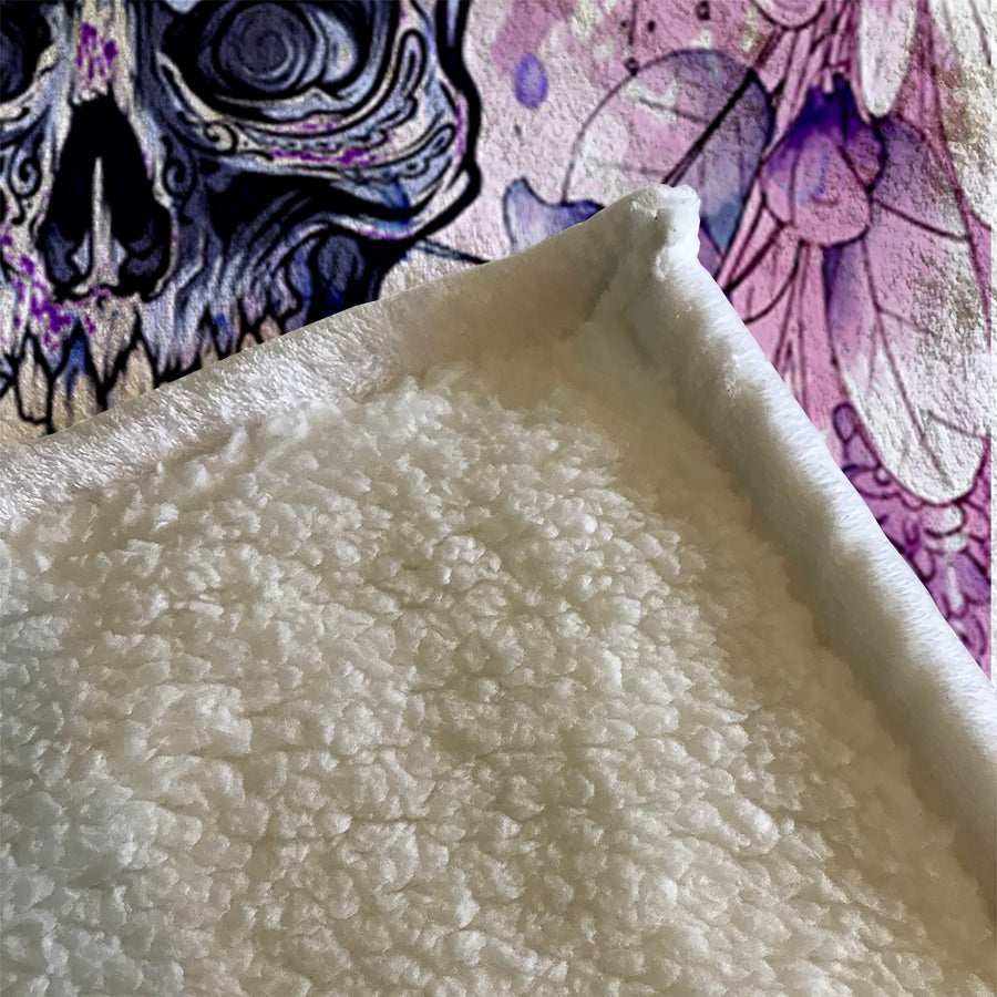 Purple Skull Floral Gothic Pattern Fleece Sherpa Blanket