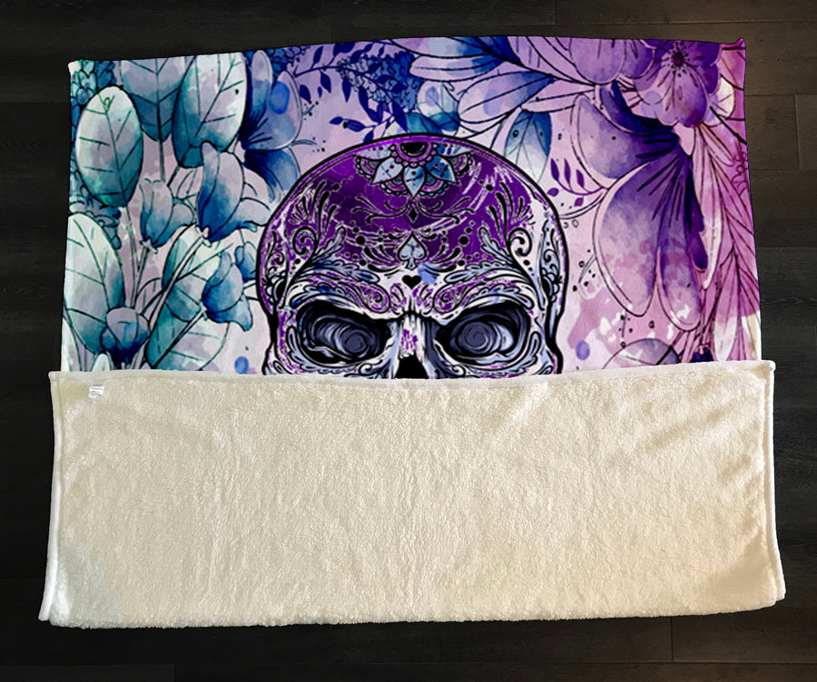 Purple Skull Floral Gothic Pattern Fleece Sherpa Blanket