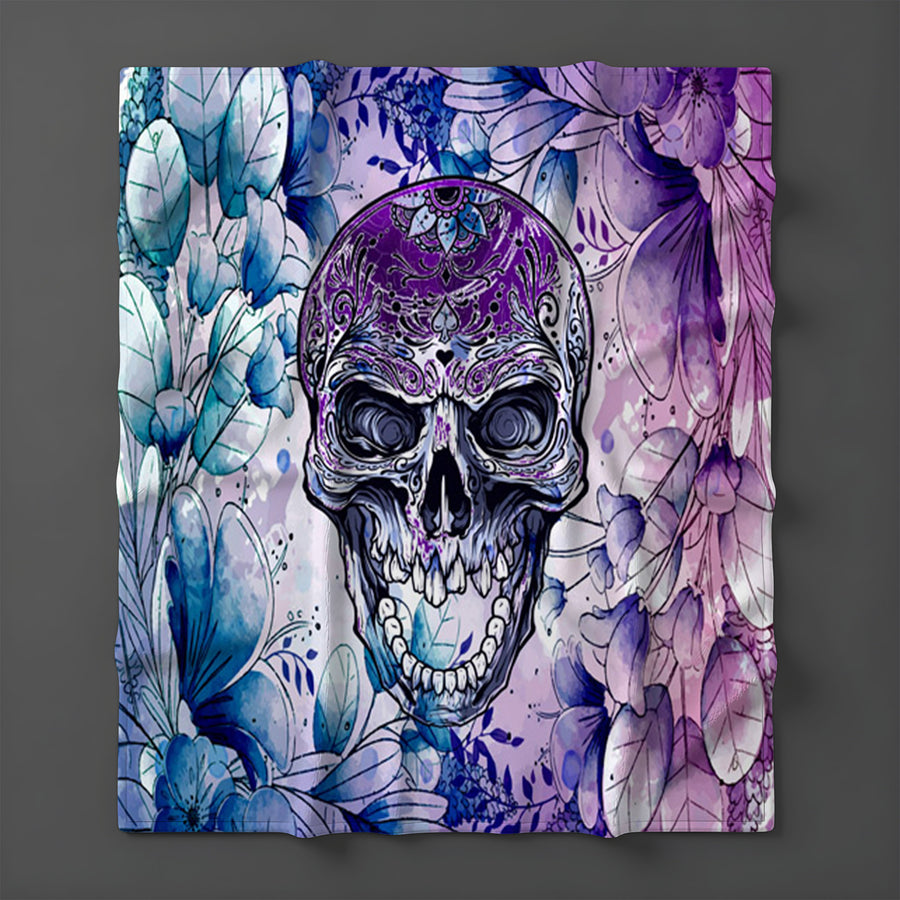 Purple Skull Floral Gothic Pattern Fleece Sherpa Blanket