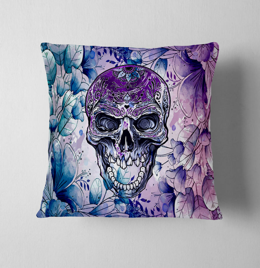 Purple Skull Floral Gothic Pattern Throw Pillow Cover