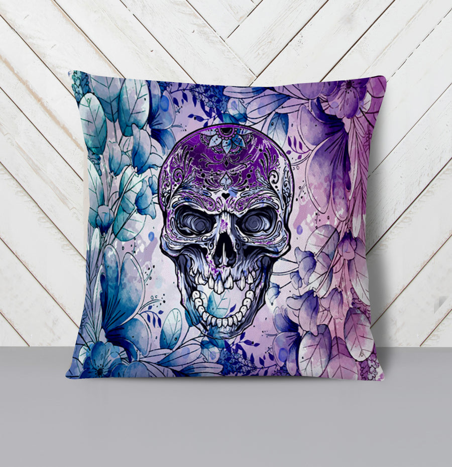 Purple Skull Floral Gothic Pattern Throw Pillow Cover