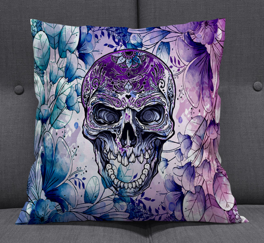 Purple Skull Floral Gothic Pattern Throw Pillow Cover