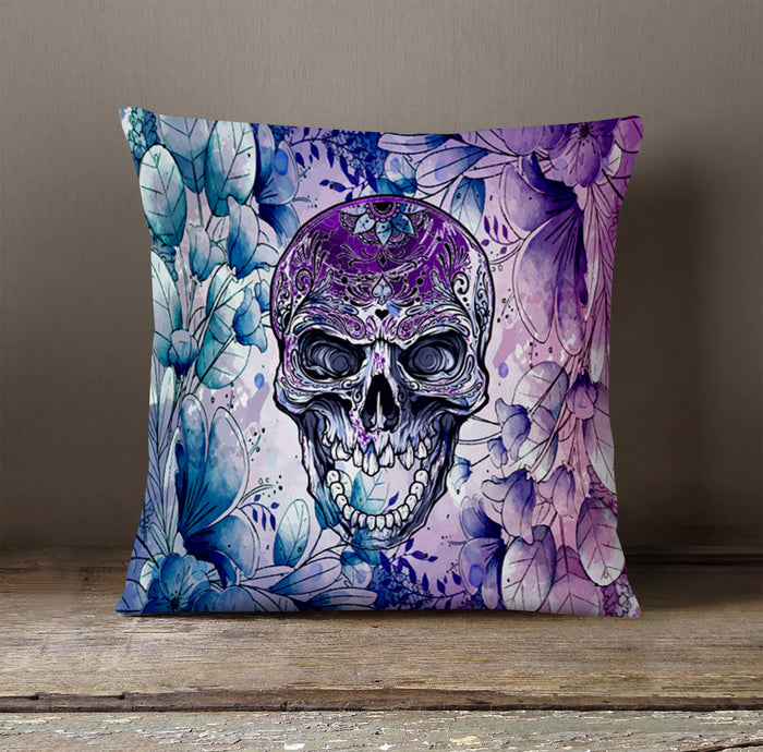 Purple Skull Floral Gothic Pattern Throw Pillow Cover