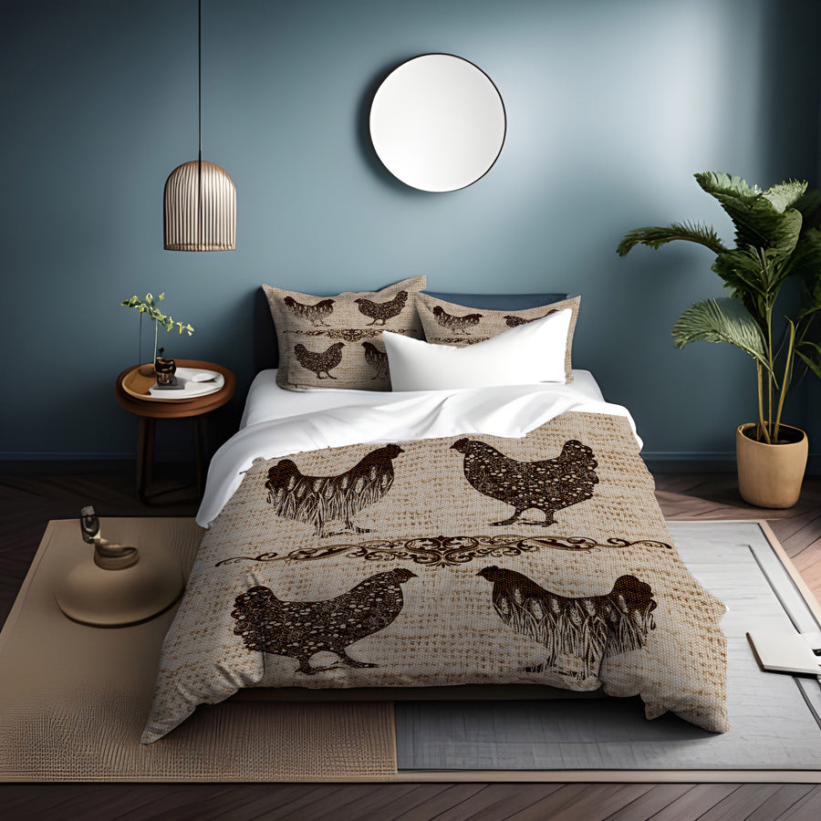 Brown Vintage Farm Chicken Sketch Pattern Duvet Cover