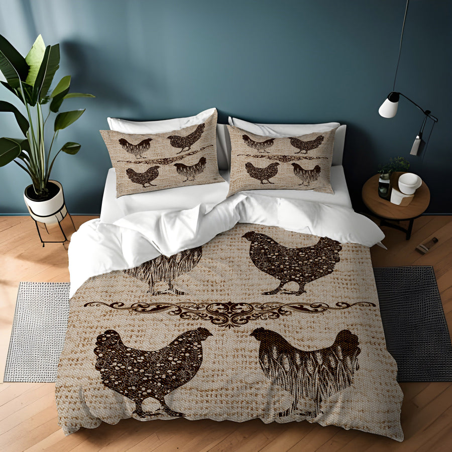 Brown Vintage Farm Chicken Sketch Pattern Duvet Cover