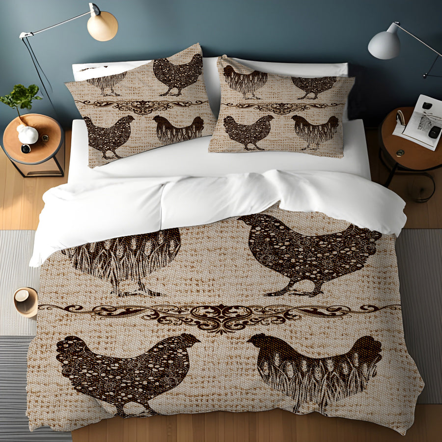 Brown Vintage Farm Chicken Sketch Pattern Duvet Cover